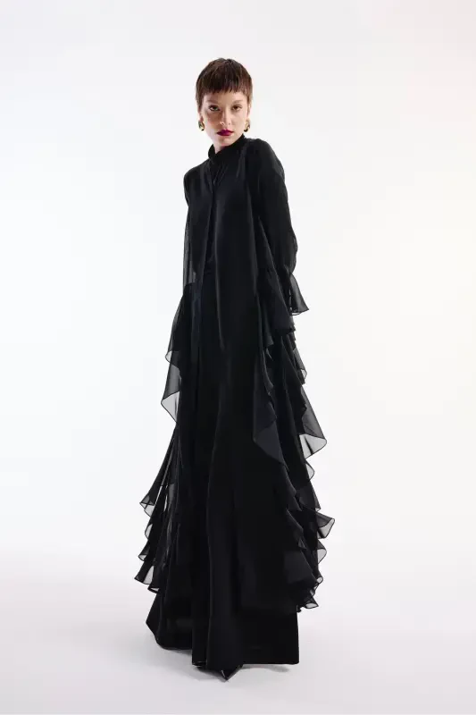 Chiffon Abaya Ruffle Detail Black + Shawl-Black - NUUM DESIGN