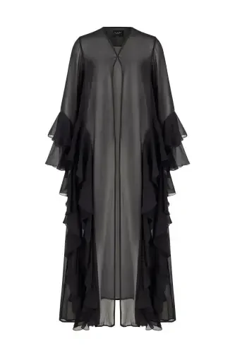 Chiffon Abaya Ruffle Detail Black + Shawl-Black - 4