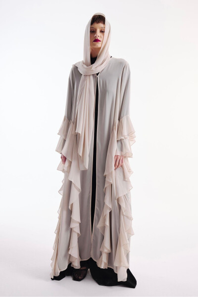 Chiffon Abaya with Ruffles Nude + Shawl - 3