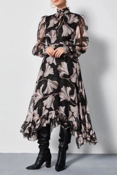 Chiffon Asymmetric Leaf Pattern Long Sleeve Ruffle Midi Dress Black 37162 - Modazone