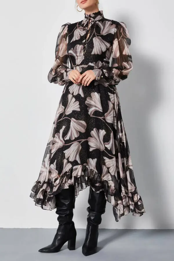 Chiffon Asymmetric Leaf Pattern Long Sleeve Ruffle Midi Dress Black 37162 - 1