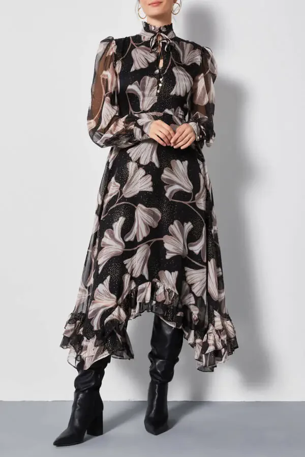 Chiffon Asymmetric Leaf Pattern Long Sleeve Ruffle Midi Dress Black 37162 - 2