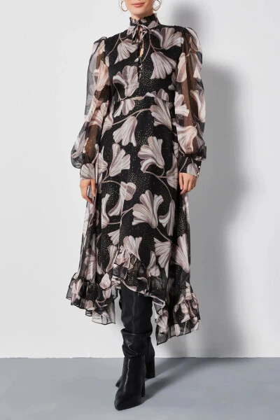Chiffon Asymmetric Leaf Pattern Long Sleeve Ruffle Midi Dress Black 37162 - 3