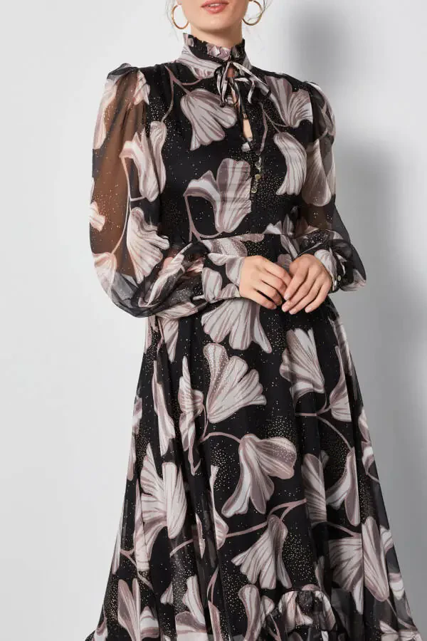 Chiffon Asymmetric Leaf Pattern Long Sleeve Ruffle Midi Dress Black 37162 - 4