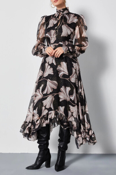 Chiffon Asymmetric Leaf Pattern Long Sleeve Ruffle Midi Dress Black 37162 - SERPIL