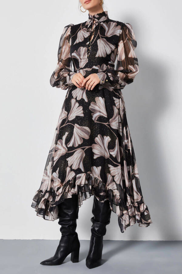 Chiffon Asymmetric Leaf Pattern Long Sleeve Ruffle Midi Dress Black 37162 - 1