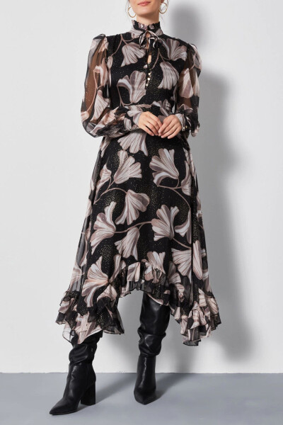 Chiffon Asymmetric Leaf Pattern Long Sleeve Ruffle Midi Dress Black 37162 - SERPIL (1)