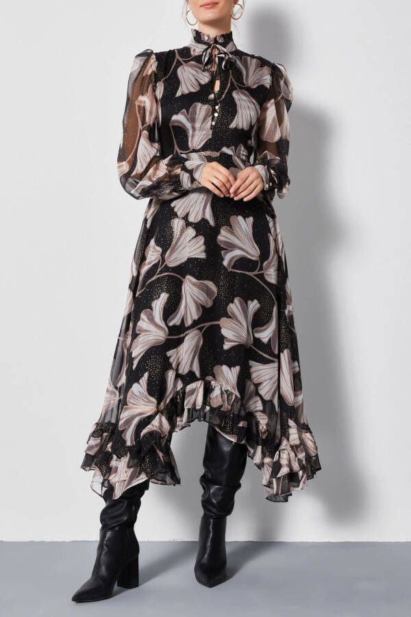 Chiffon Asymmetric Leaf Pattern Long Sleeve Ruffle Midi Dress Black 37162 - 2