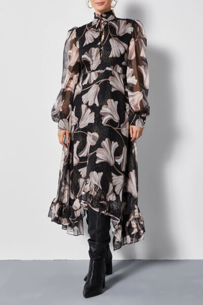 Chiffon Asymmetric Leaf Pattern Long Sleeve Ruffle Midi Dress Black 37162 - 3