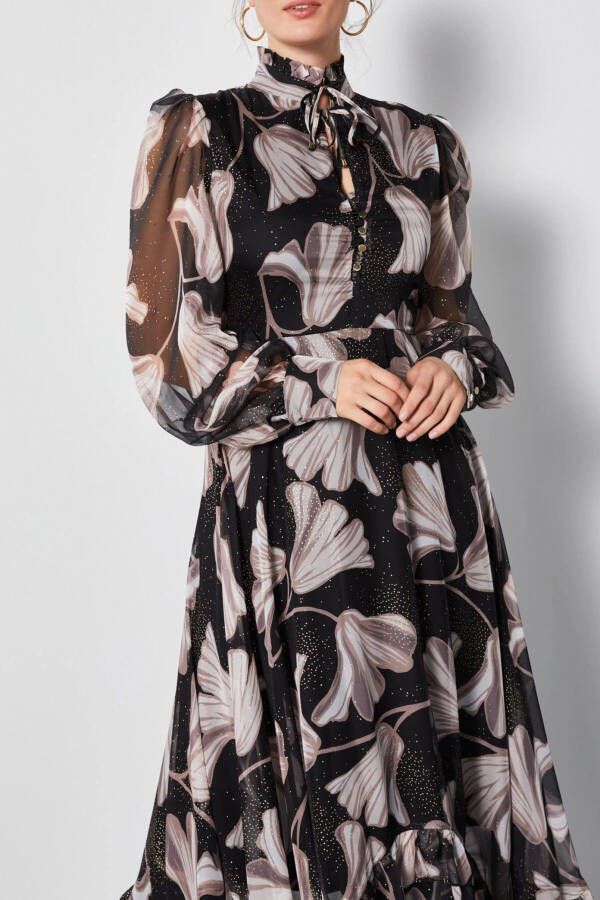 Chiffon Asymmetric Leaf Pattern Long Sleeve Ruffle Midi Dress Black 37162 - 4