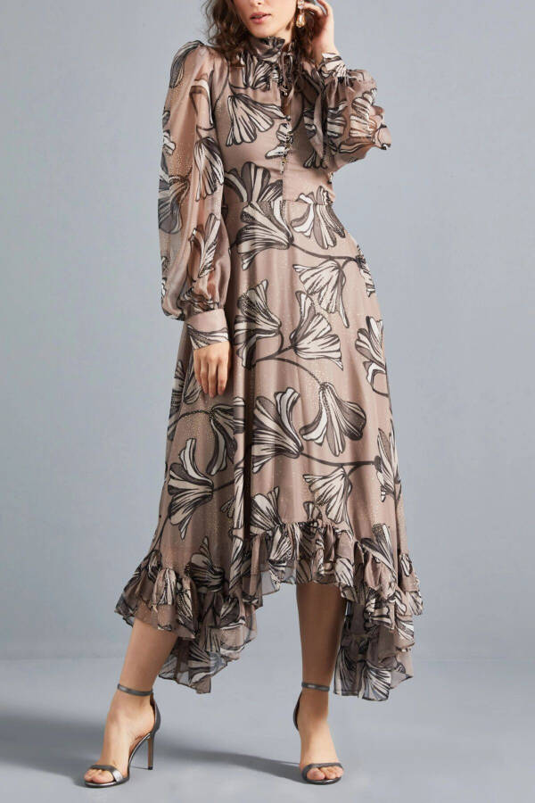 Chiffon Asymmetric Leaf Pattern Long Sleeve Ruffled Midi Dress Mink 37162 - 1