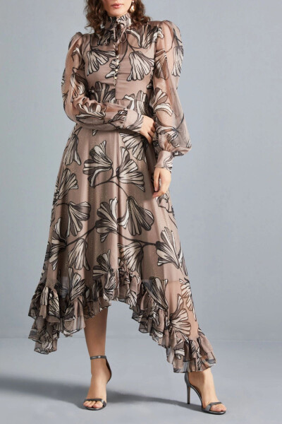 Chiffon Asymmetric Leaf Pattern Long Sleeve Ruffled Midi Dress Mink 37162 - SERPIL (1)