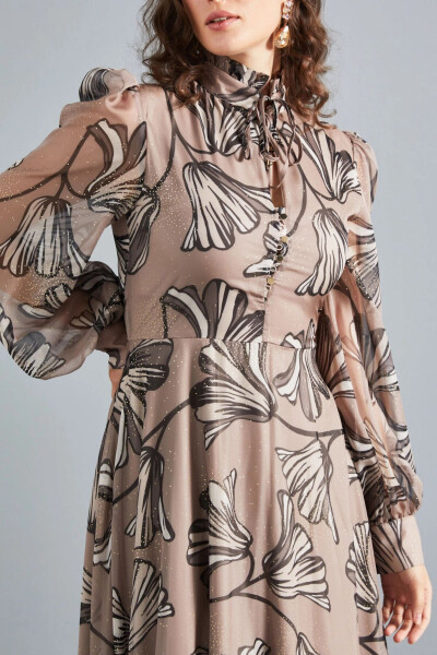 Chiffon Asymmetric Leaf Pattern Long Sleeve Ruffled Midi Dress Mink 37162 - 3