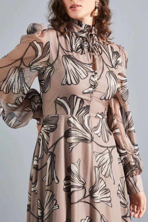 Chiffon Asymmetric Leaf Pattern Long Sleeve Ruffled Midi Dress Mink 37162 - 3