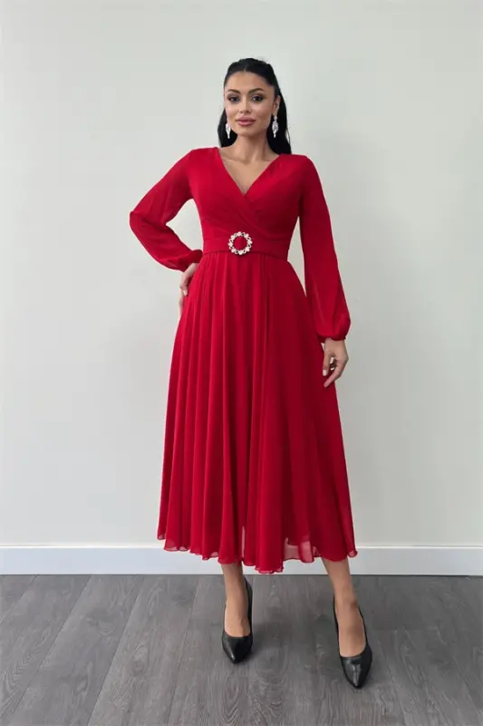 Chiffon Belted Midi Dress - RED - BÜYÜKBEDENIZ