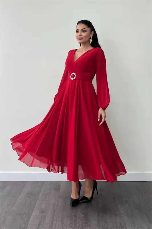 Chiffon Belted Midi Dress - RED - 2