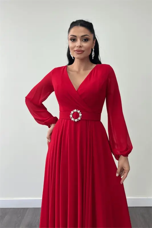 Chiffon Belted Midi Dress - RED - 3