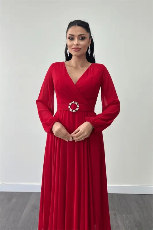 Chiffon Belted Midi Dress - RED - 4