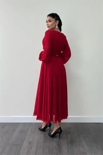 Chiffon Belted Midi Dress - RED - 5