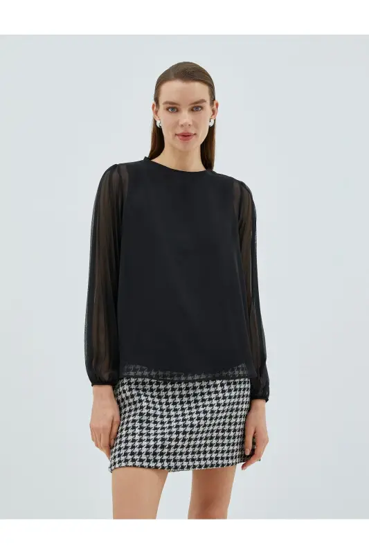 Chiffon Blouse Pleated Sleeve Detail Bicycle Collar - 3