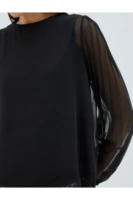 Chiffon Blouse Pleated Sleeve Detail Bicycle Collar - 5