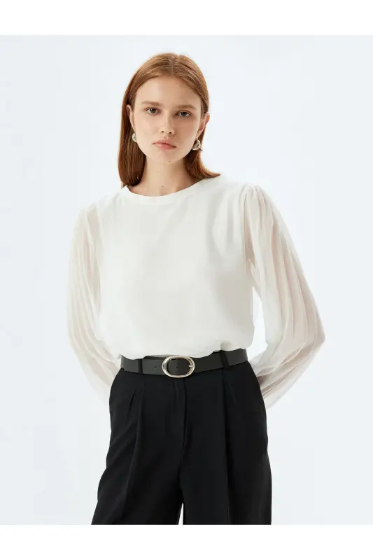 Chiffon Blouse Round Neck Long Pleated Tulle Sleeve-Ecr - 1