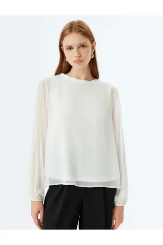 Chiffon Blouse Round Neck Long Pleated Tulle Sleeve-Ecr - 3