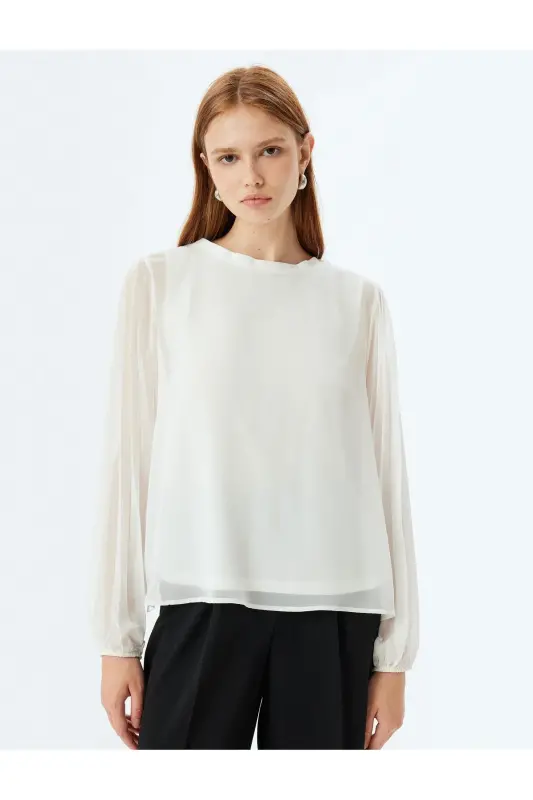 Chiffon Blouse Round Neck Long Pleated Tulle Sleeve-Ecr - 3