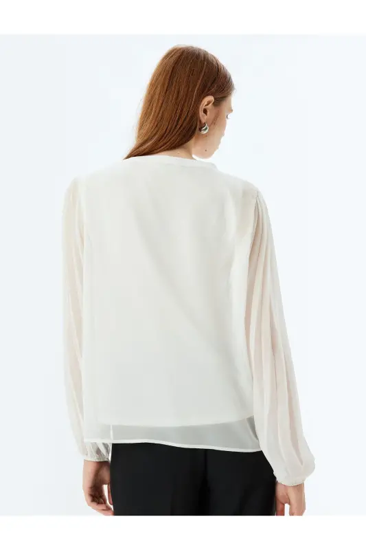 Chiffon Blouse Round Neck Long Pleated Tulle Sleeve-Ecr - 4
