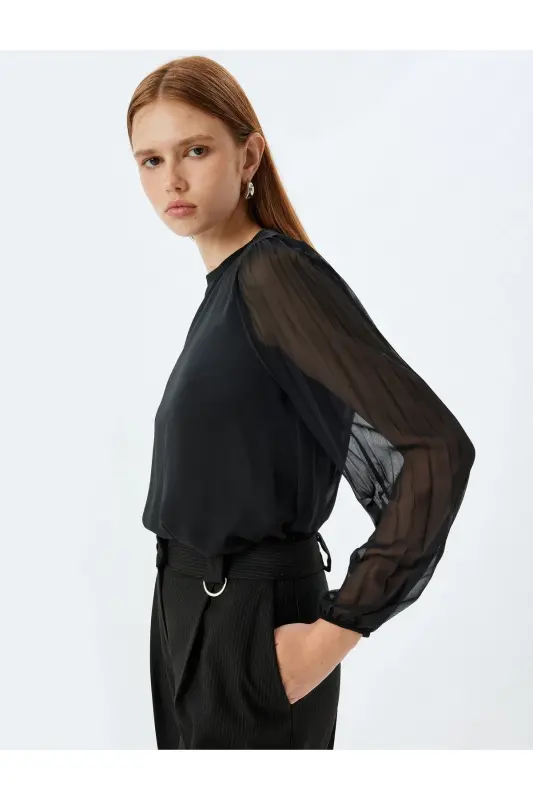 Chiffon Blouse Round Neck Long Pleated Tulle Sleeves-Black - KOTON