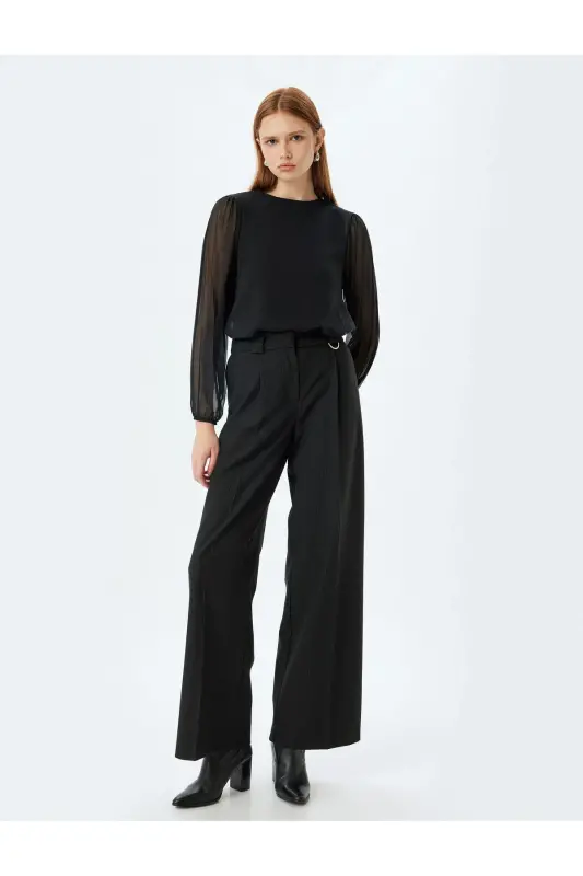 Chiffon Blouse Round Neck Long Pleated Tulle Sleeves-Black - 2