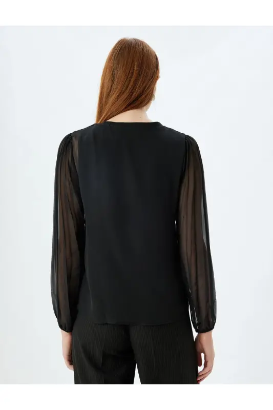 Chiffon Blouse Round Neck Long Pleated Tulle Sleeves-Black - 4
