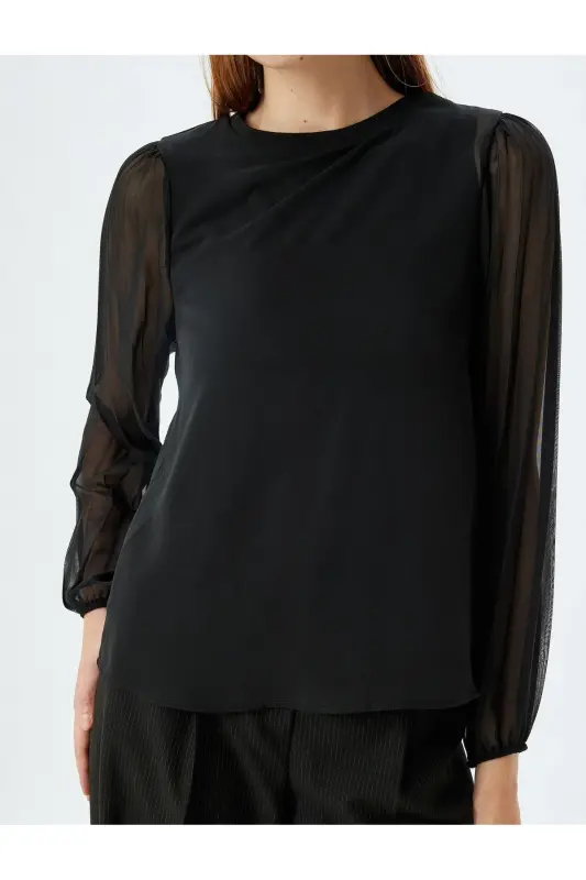 Chiffon Blouse Round Neck Long Pleated Tulle Sleeves-Black - 5