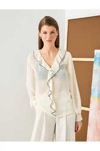 Chiffon Blouse Ruffled V Neck Balloon Sleeve - 3