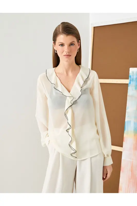 Chiffon Blouse Ruffled V Neck Balloon Sleeve - 3