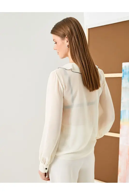 Chiffon Blouse Ruffled V Neck Balloon Sleeve - 4