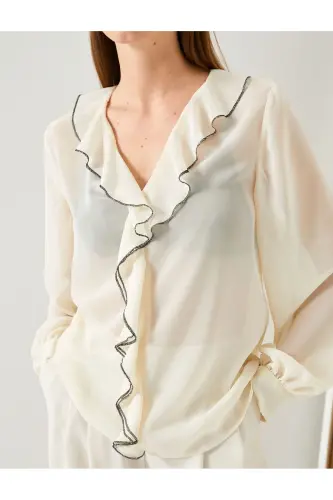 Chiffon Blouse Ruffled V Neck Balloon Sleeve - 5