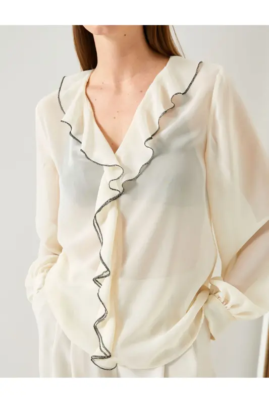 Chiffon Blouse Ruffled V Neck Balloon Sleeve - 5