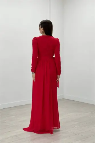 Chiffon Cape Detailed Evening Dress - RED - 6