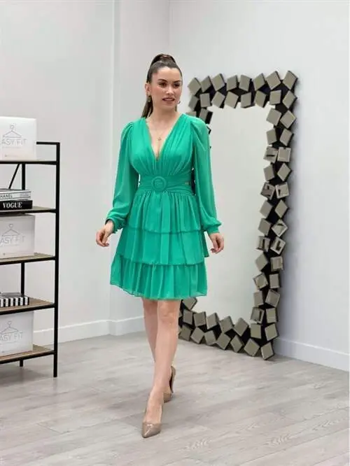 Chiffon Crepe Fabric Back Detailed Dress - MINT GREEN - 1