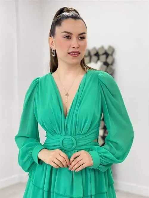 Chiffon Crepe Fabric Back Detailed Dress - MINT GREEN - 3