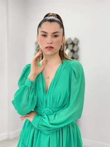 Chiffon Crepe Fabric Back Detailed Dress - MINT GREEN - 9