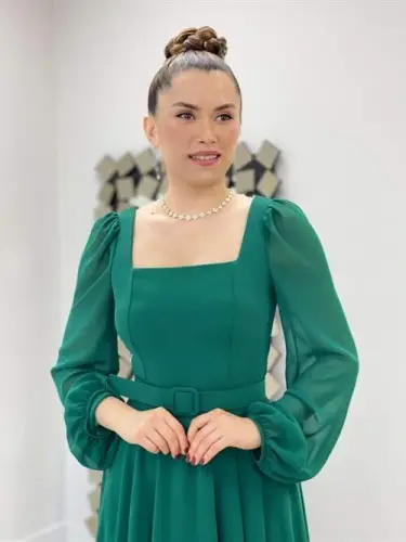 Chiffon Crepe Fabric Square Neck Midi Dress - EMERALD GREEN - 3