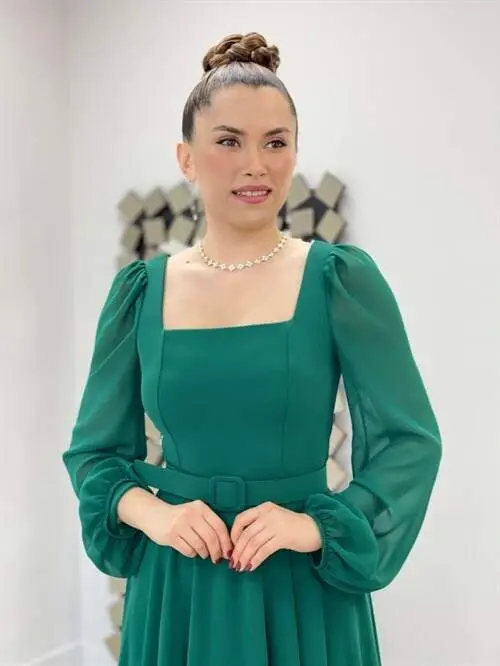 Chiffon Crepe Fabric Square Neck Midi Dress - EMERALD GREEN - 3