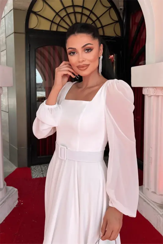 Chiffon Crepe Fabric Square Neck Midi Dress - WHITE - 4