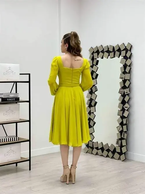 Chiffon Crepe Fabric Square Neck Midi Dress - YELLOW - 5