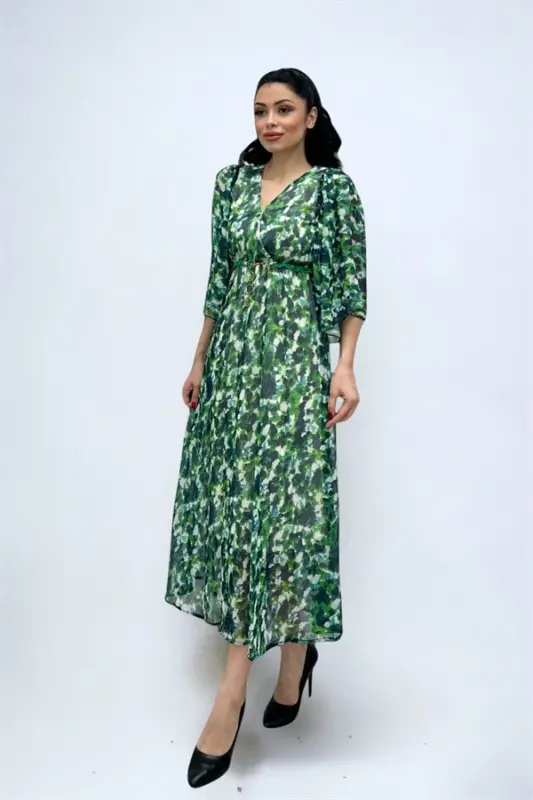 Chiffon Fabric Batwing Sleeve Midi Dress - GREEN - 4