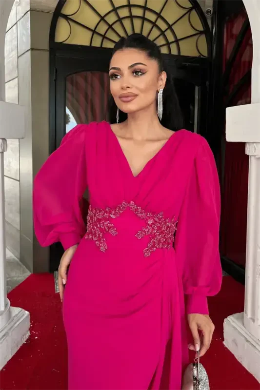 Chiffon Fabric Beaded Embellished Shawl Detailed Evening Dress - FUCHSIA - 4