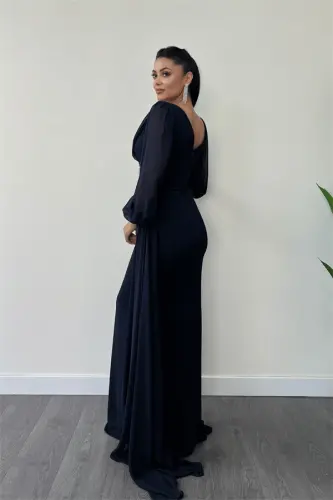 Chiffon Fabric Beaded Embroidered Evening Dress with Shawl Detail - NAVY BLUE - 5