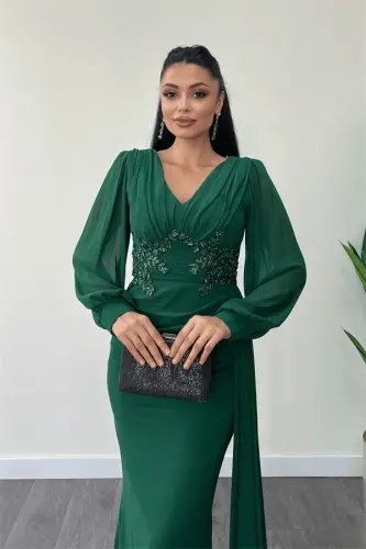 Chiffon Fabric Beaded Embroidered Shawl Detailed Evening Dress - EMERALD GREEN - 3